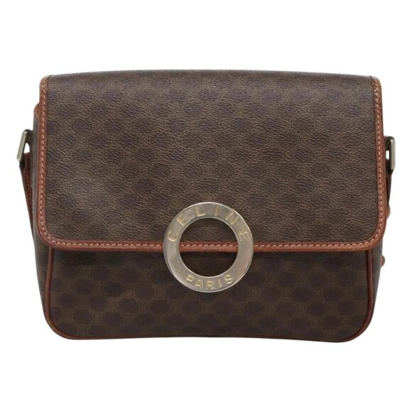 CELINE Macadam Canvas Circle Shoulder Bag PVC Leather Brown Gold Auth EC528 - Picture 2 of 16